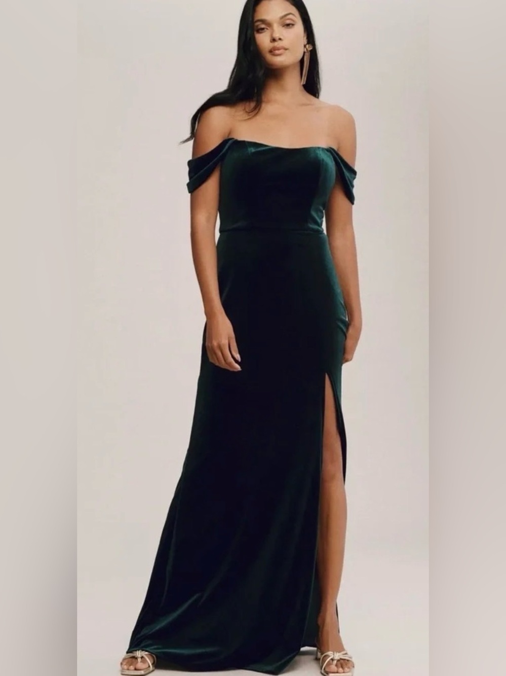 Jenny Yoo One-Shoulder Velvet Gown in Dark Green